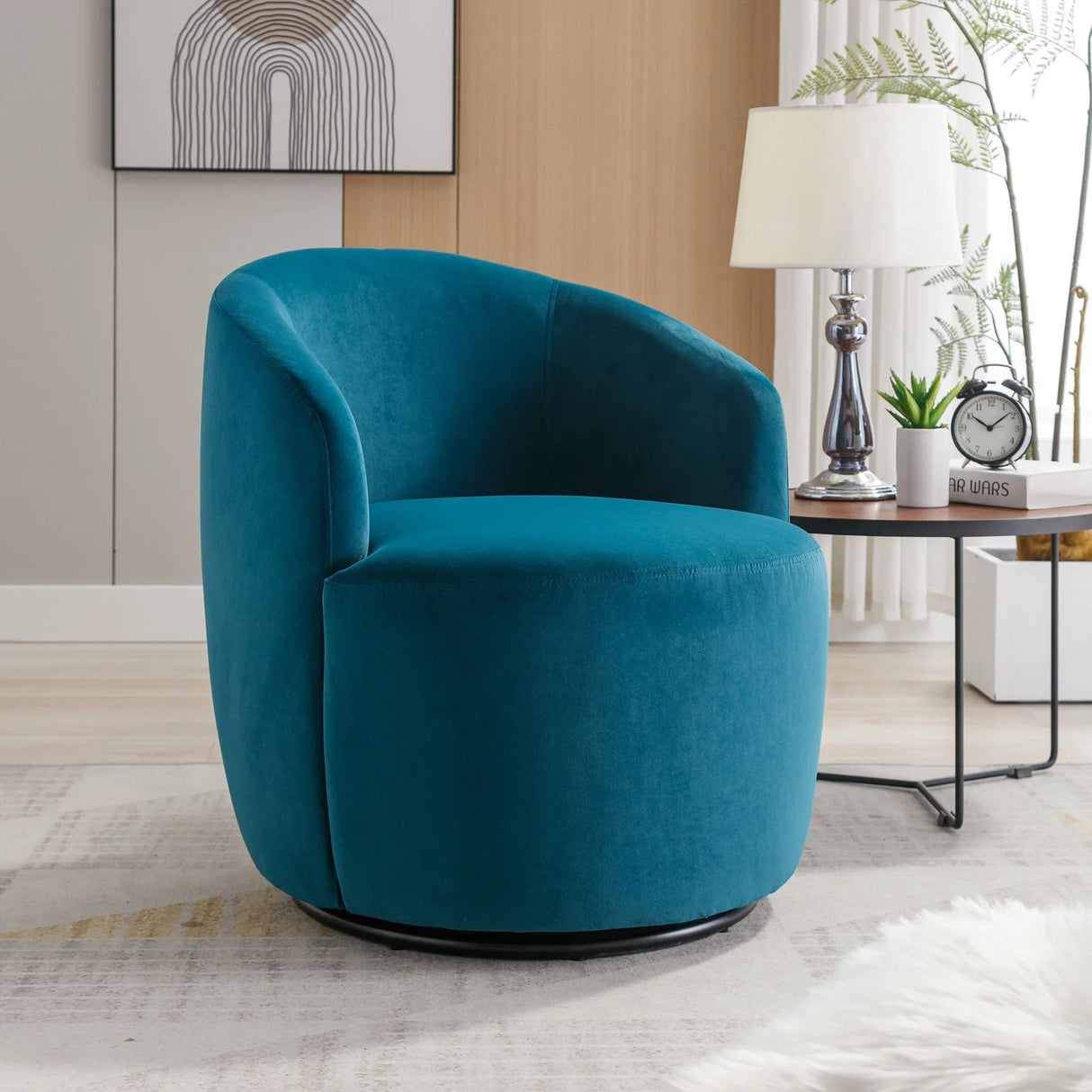 Velvet Fabric Swivel Accent Armchair Barrel Chair With Powder Coating Metal Ring - Furniture Home Direct