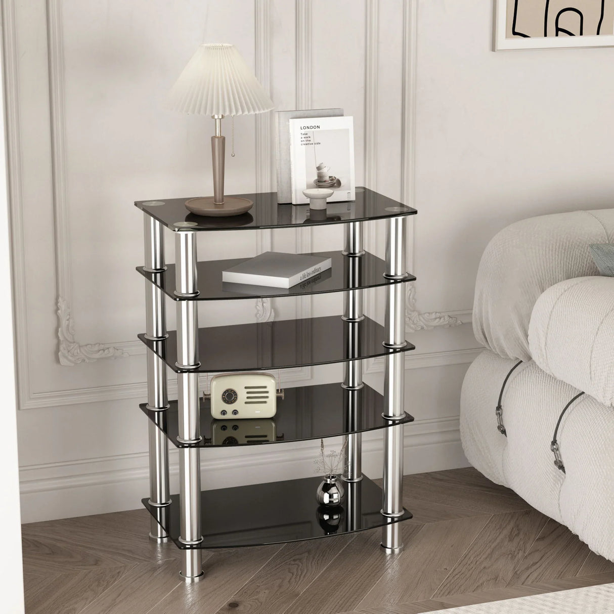 5 Tier Tempered Glass Side Table, Stainless Steel Frame End Table For Living Room, Bedroom - Black - Furniture Home Direct