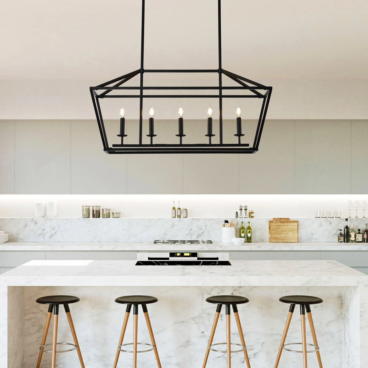 5 Light Farmhouse Kitchen Island Lighting, 5 Light Industrial Linear Chandelier For Dining Room Metal Hanging Pendant Light Fixture For Bedroom Living Room Hallway Conference Room - Matte Black - Furniture Home Direct
