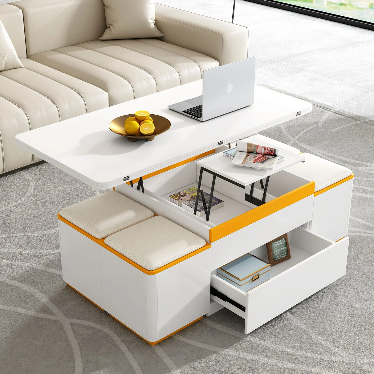 Multi Functional Adjustable Coffee Table With 4 Storage Stools - Furniture Home Direct