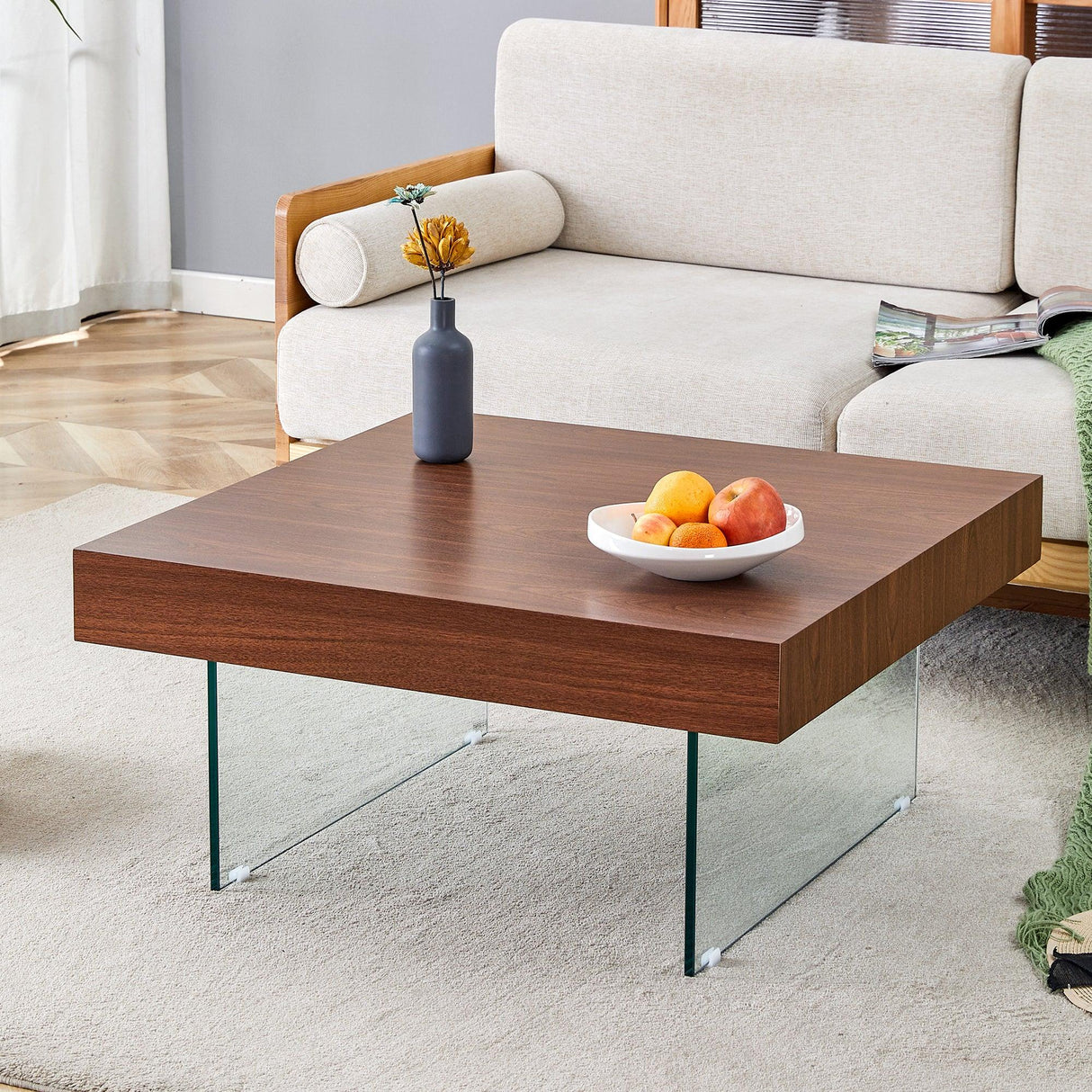 Faux Walnut Square Coffee Table with Tempered Glass Legs - Furniture Home Direct