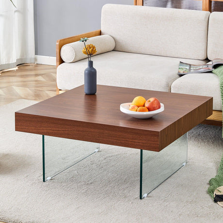 Faux Walnut Square Coffee Table with Tempered Glass Legs - Furniture Home Direct