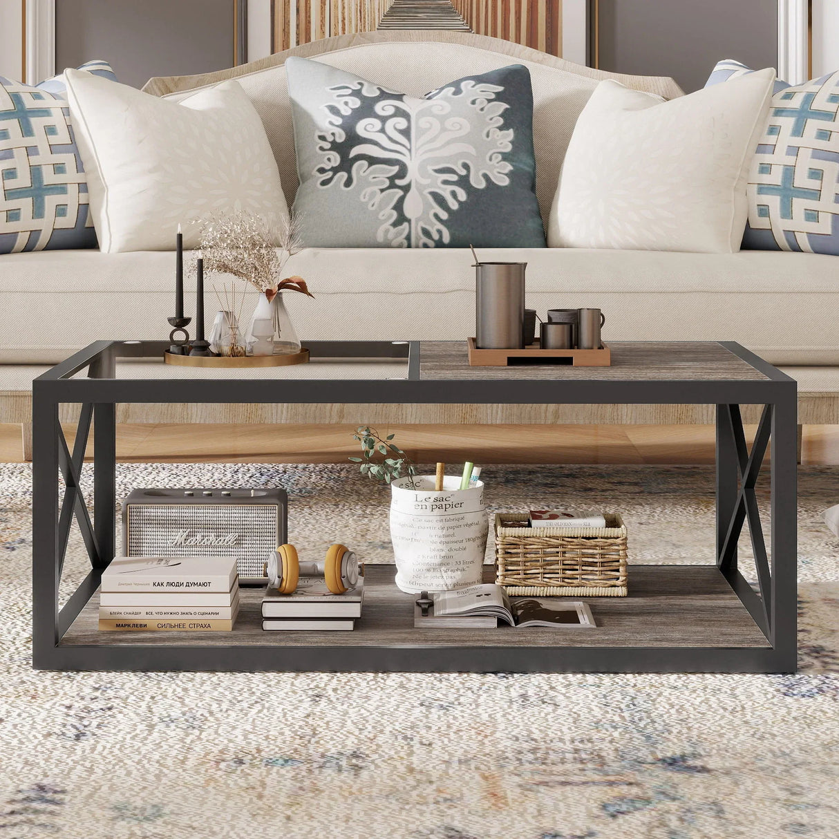 Industrial Style Coffee Table For Bedroom & Living Room With Tempered Glass & Wood Grain - Wood - Furniture Home Direct