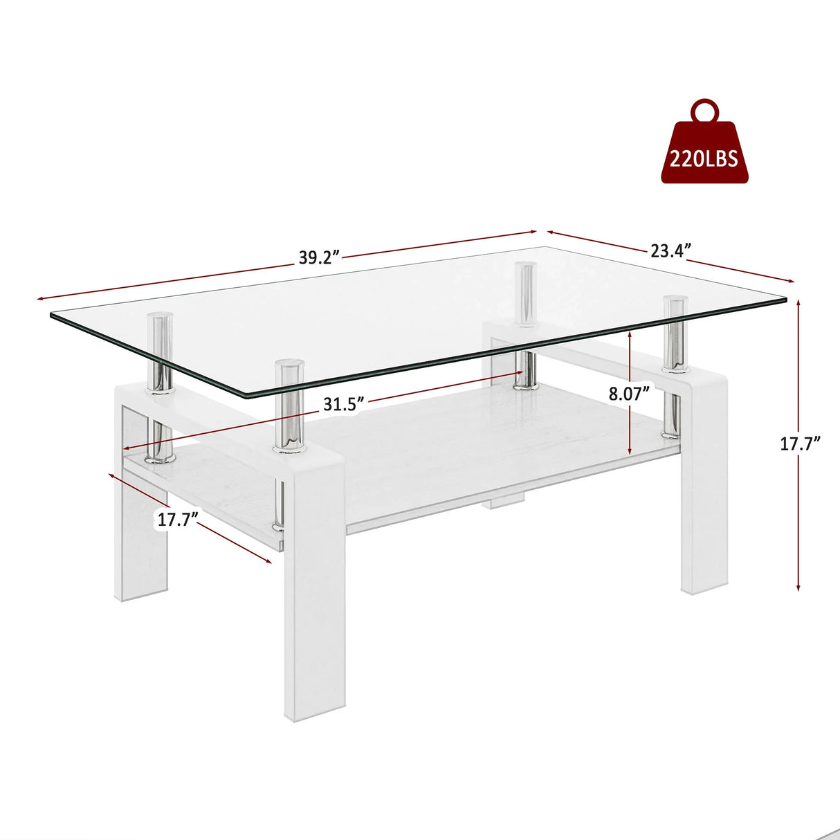 Modern Rectangular Coffee Table With Tempered Transparent Glass Top And Storage Shelf - Furniture Home Direct