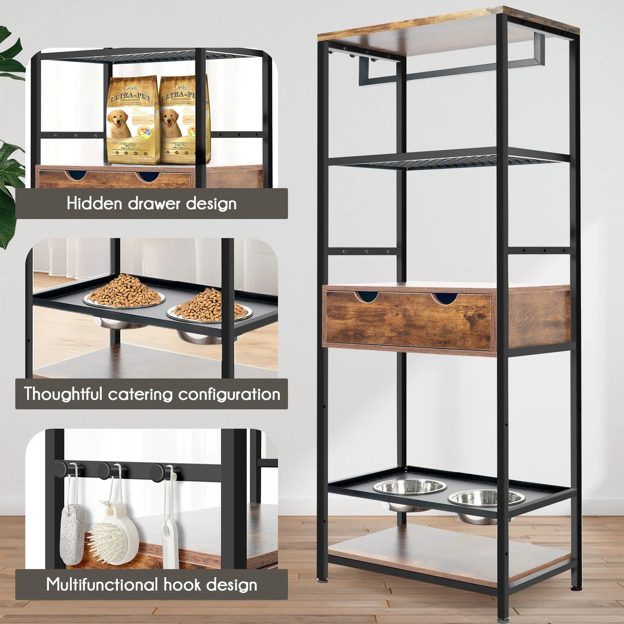 Dog Feeding Station, 3 Height Adjustable Raised Dog Bowls, Dog Feeder Station For Large Medium Dogs Cats, Dog Storage With Shelves - Black / Dark Brown - Furniture Home Direct