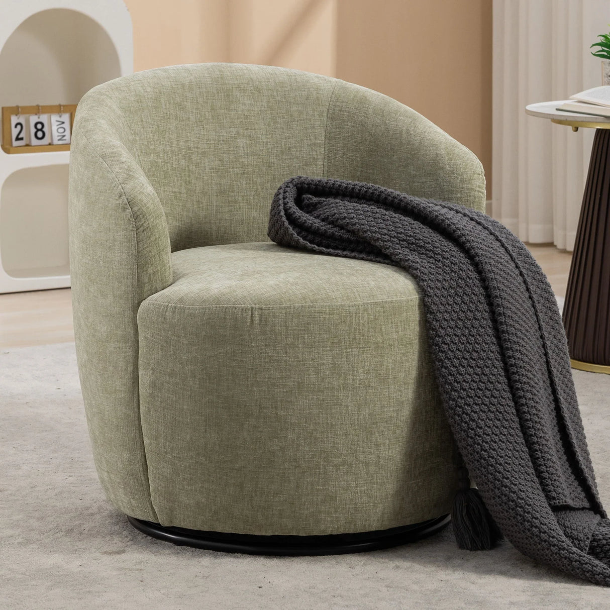Chenille Fabric Swivel Accent Armchair Barrel Chair With Powder Coating Metal Ring - Furniture Home Direct