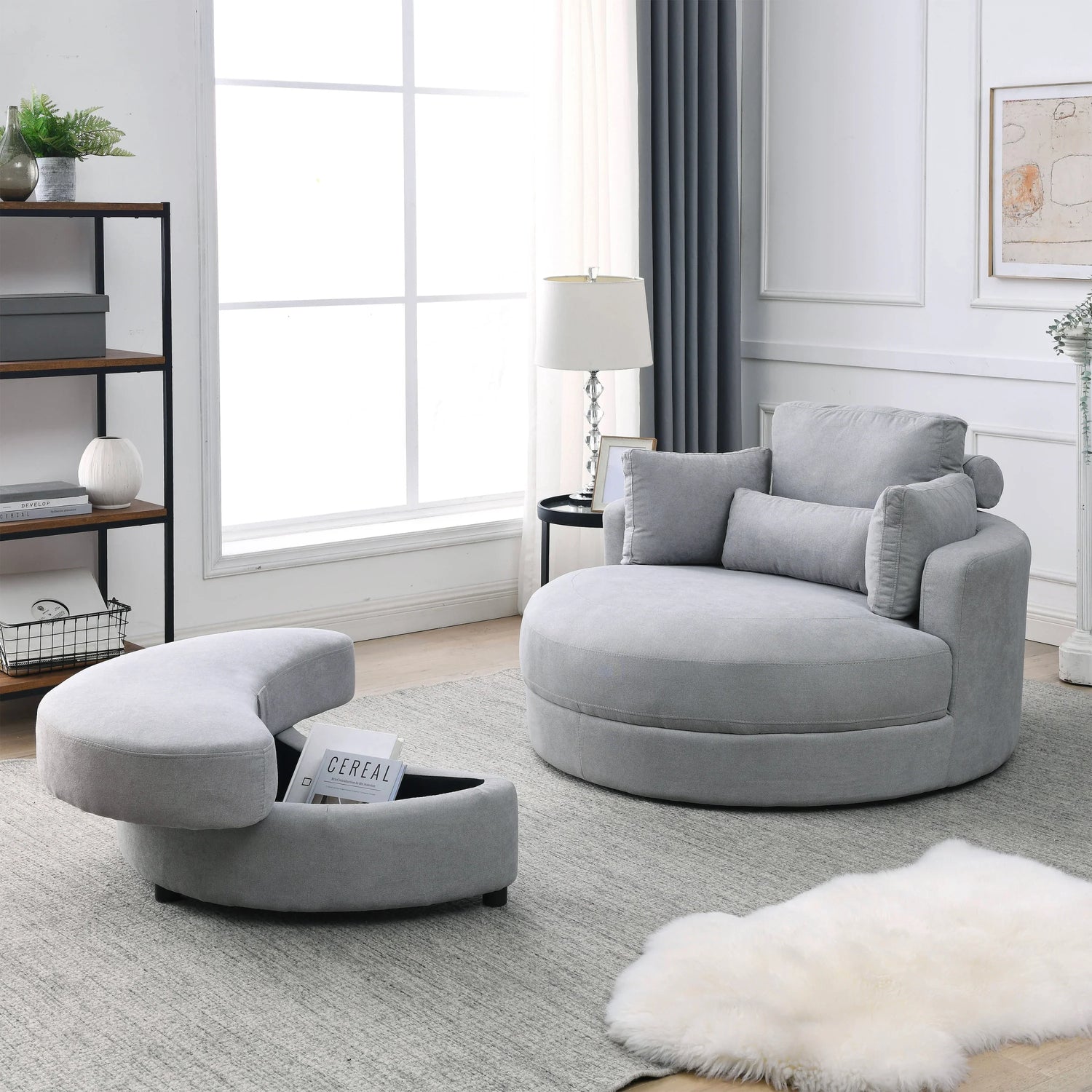 Linen Barrel Swivel Chair With Storage Ottoman - Furniture Home Direct
