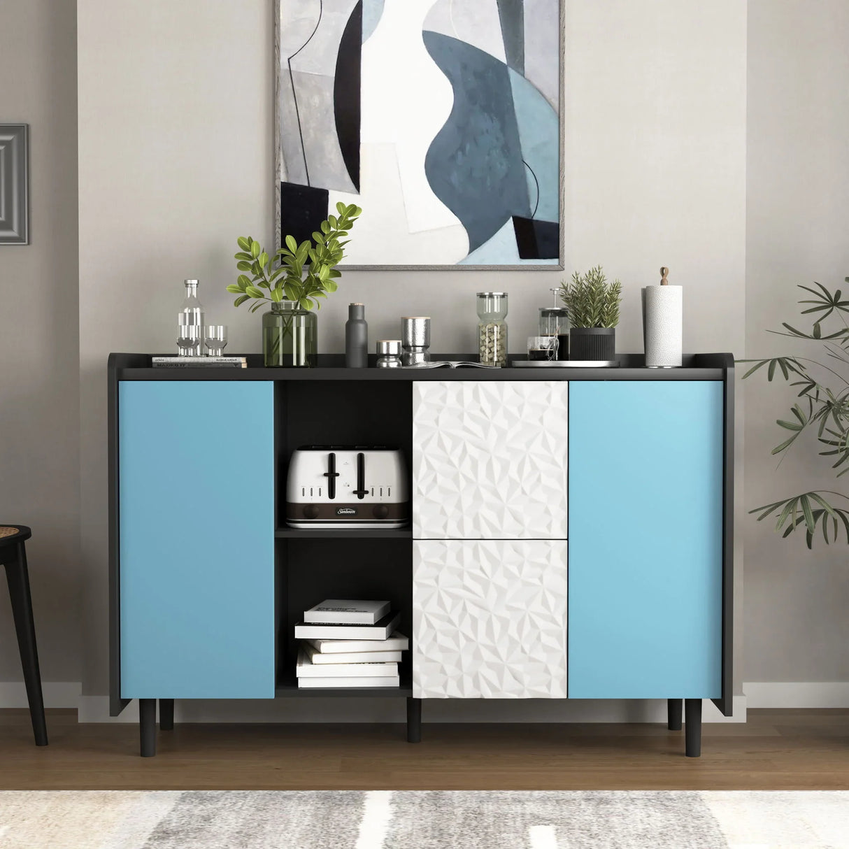 Modern Sideboard Buffet Cabinet With Red Doors And Unique Panel Styling - Furniture Home Direct