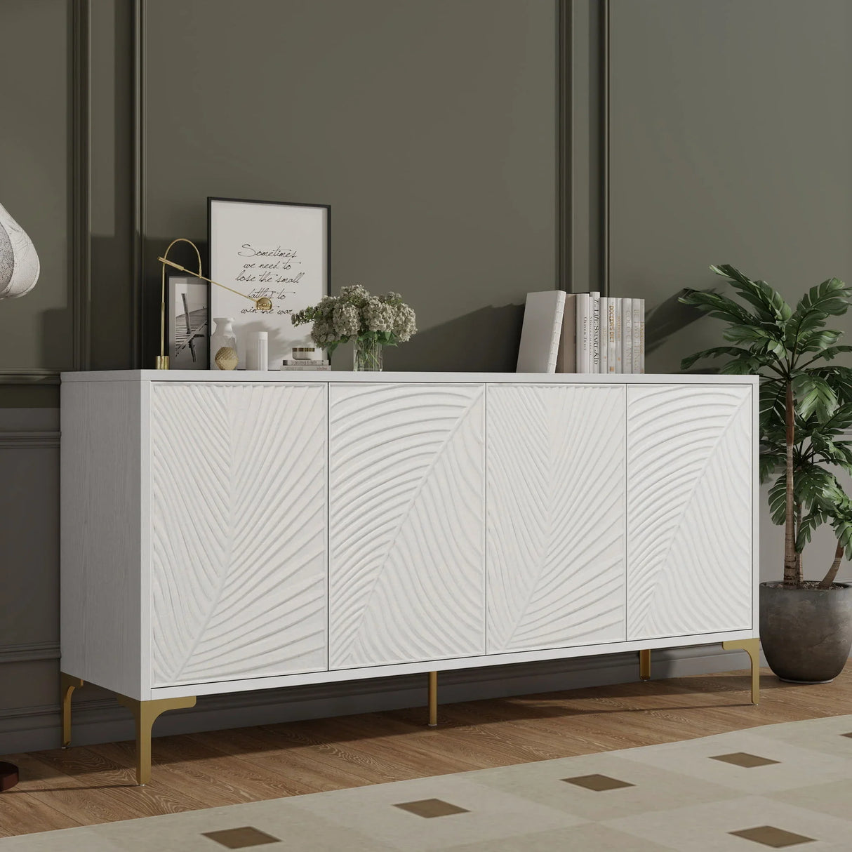 Modern 4 Door Sideboard With Creative Carved Surface And Adjustable Shelves - Furniture Home Direct