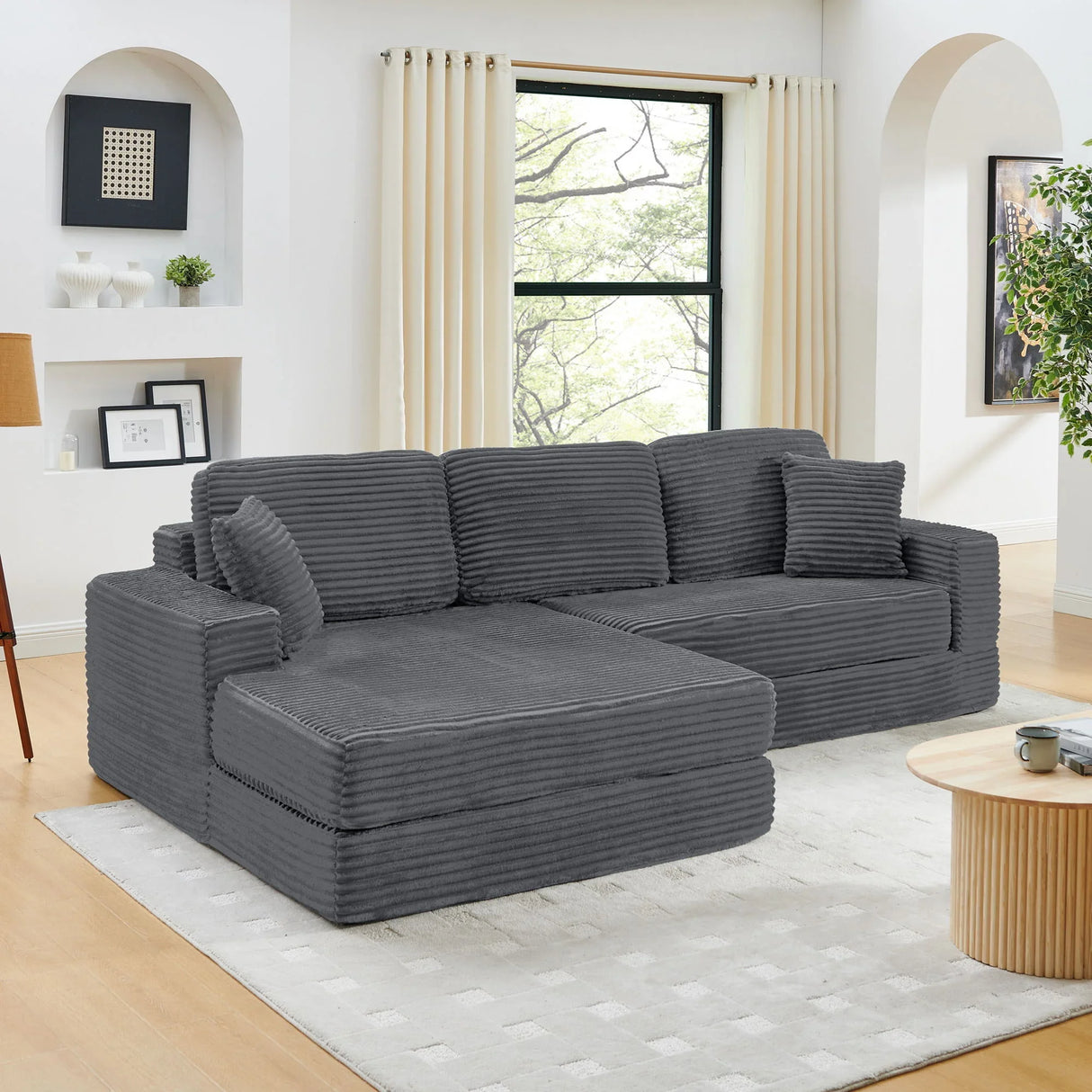 Modern Minimalist L Shape Modular Sectional Sofa, Corduroy Couch - Furniture Home Direct