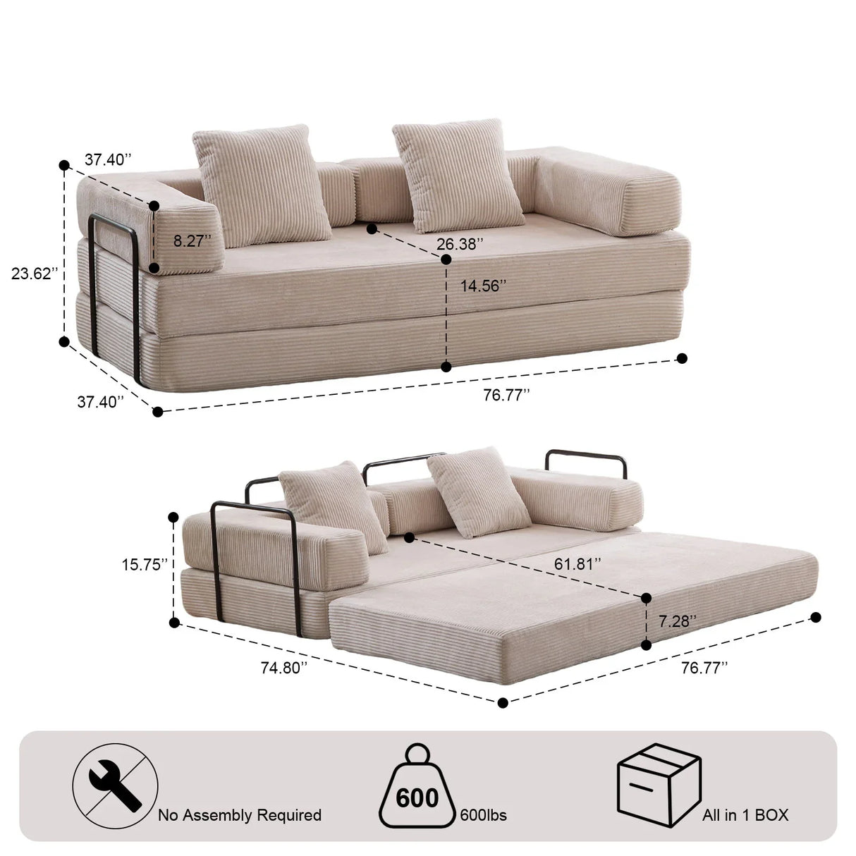 Floor Couch, Convertible Floor Sofa Bed With Pillow Back Support Armrest - Furniture Home Direct