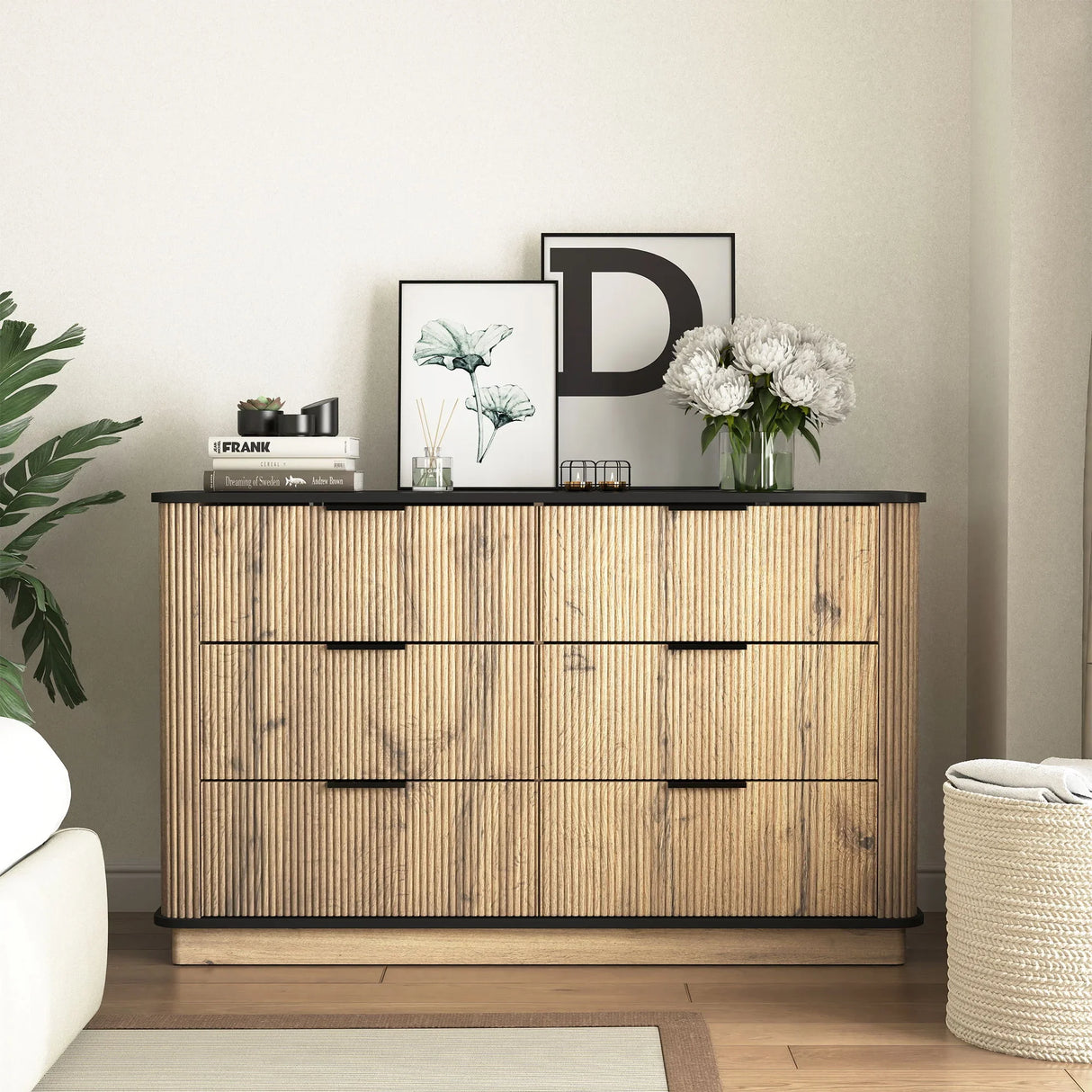 Modern 6 Drawer Cabinet With Metal Rounded Corners And Exquisite Handles Multi Functional Storage - Natural Wood - Furniture Home Direct
