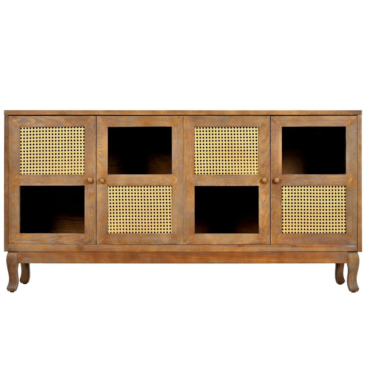 Retro Industrial 4 Door Sideboard With Large Storage, Rattan And Glass Doors - Furniture Home Direct