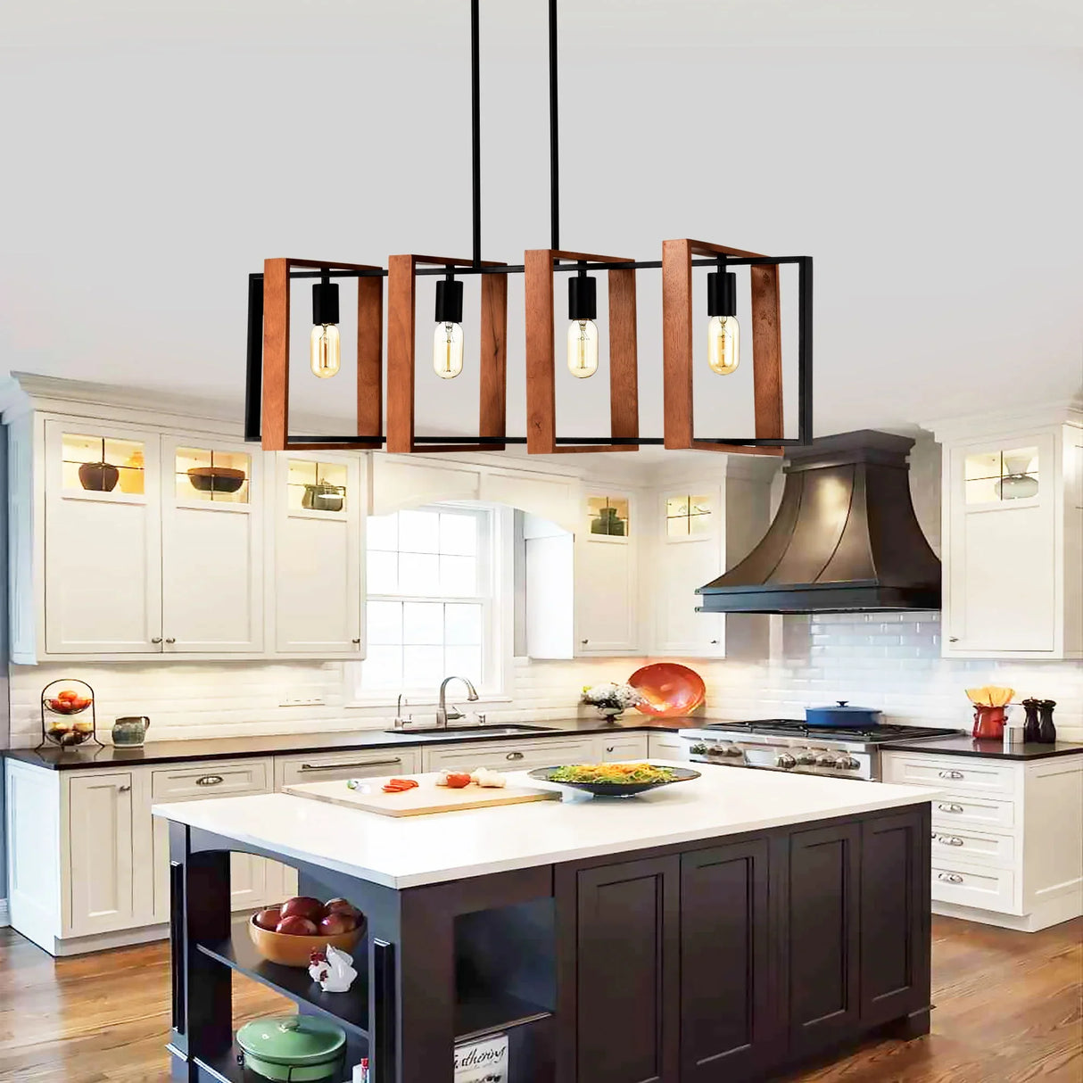 4 Light Kitchen Island Lights Pendant Light Farmhouse Dining Room Light Fixture, Rectangular Chandelier, 36" Hanging Lighting For Living Room, Conference Room, Home Office - Matte Black - Furniture Home Direct
