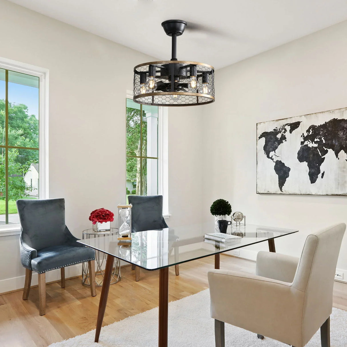 20" Industrial Caged Ceiling Fan With 7 - ABS Blades Remote Control, Small Ceiling Fan Reversible DC Motor - Black - Furniture Home Direct