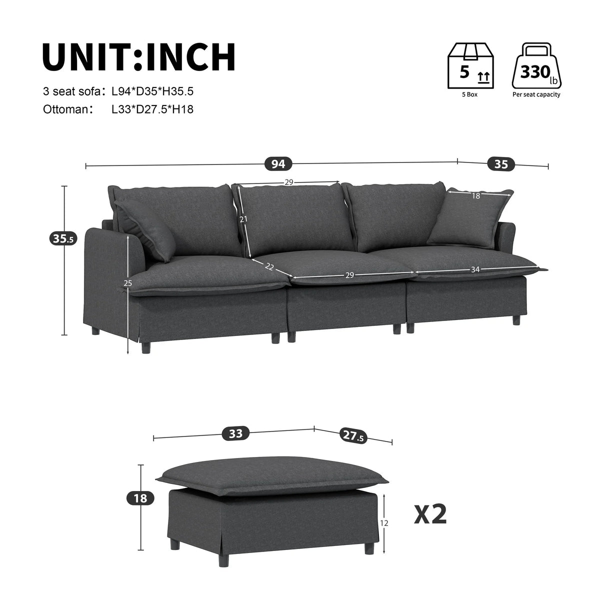 Sectional Sofa With Ottoman Cloud Couch Set With Throw Pillows, Free Combination - Furniture Home Direct