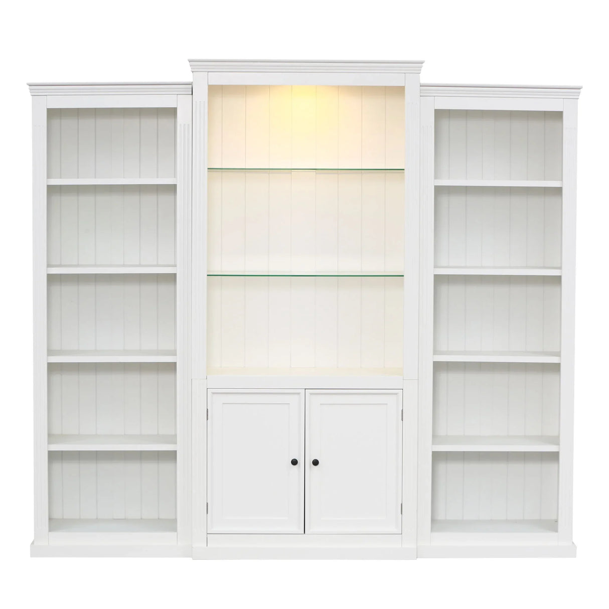 Retro Style 3 Piece Bookcase Display Cabinet With Adjustable LED Lighting, Tempered Glass Shelves - White - Furniture Home Direct