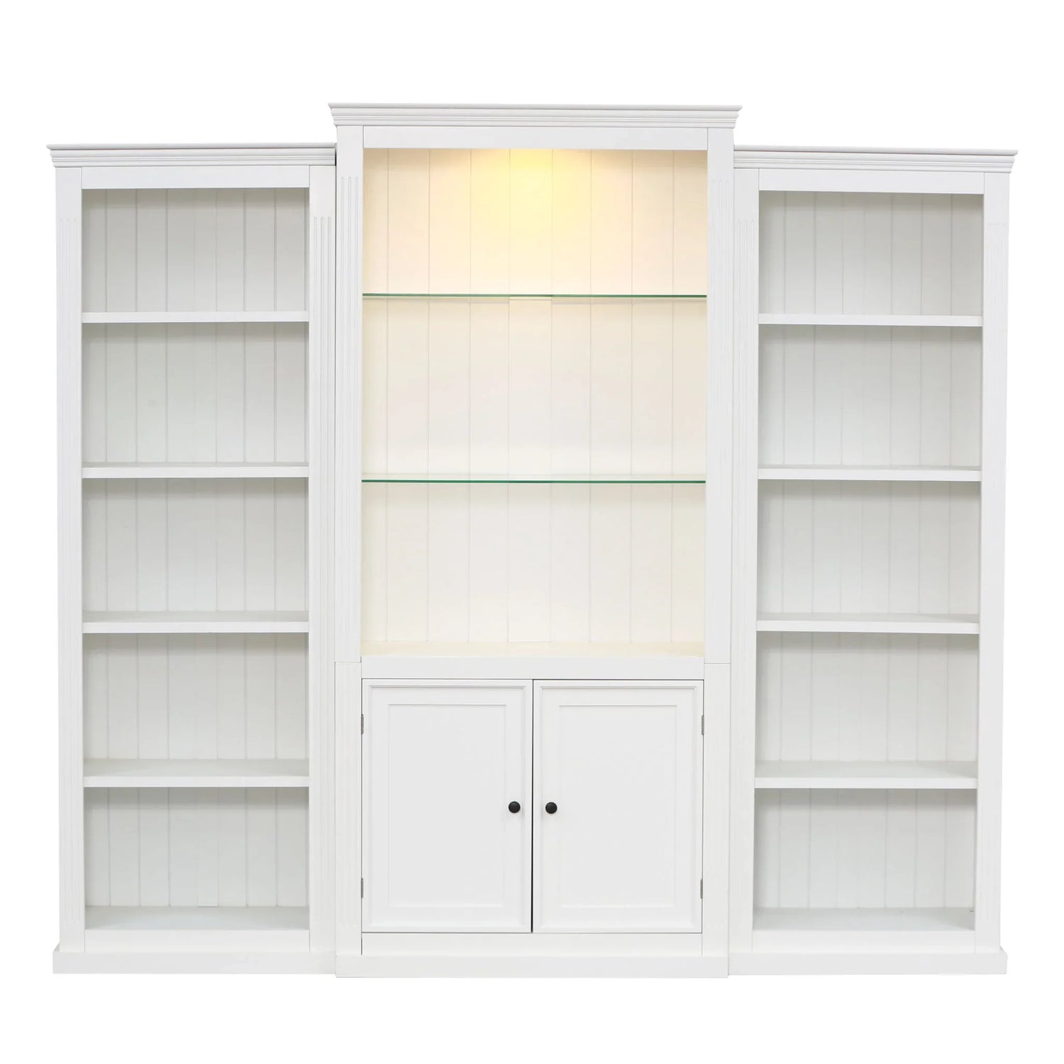 Retro Style 3 Piece Bookcase Display Cabinet With Adjustable LED Lighting, Tempered Glass Shelves - White - Furniture Home Direct