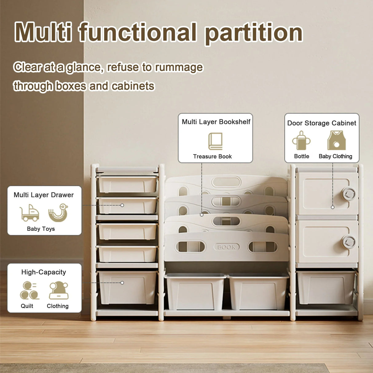 Kids Toy Storage Organizer With 8 Removable Toy Bins, 4 Tier Bookshelf, And 2 Cabinet Storage - Gray / Ivory - Furniture Home Direct