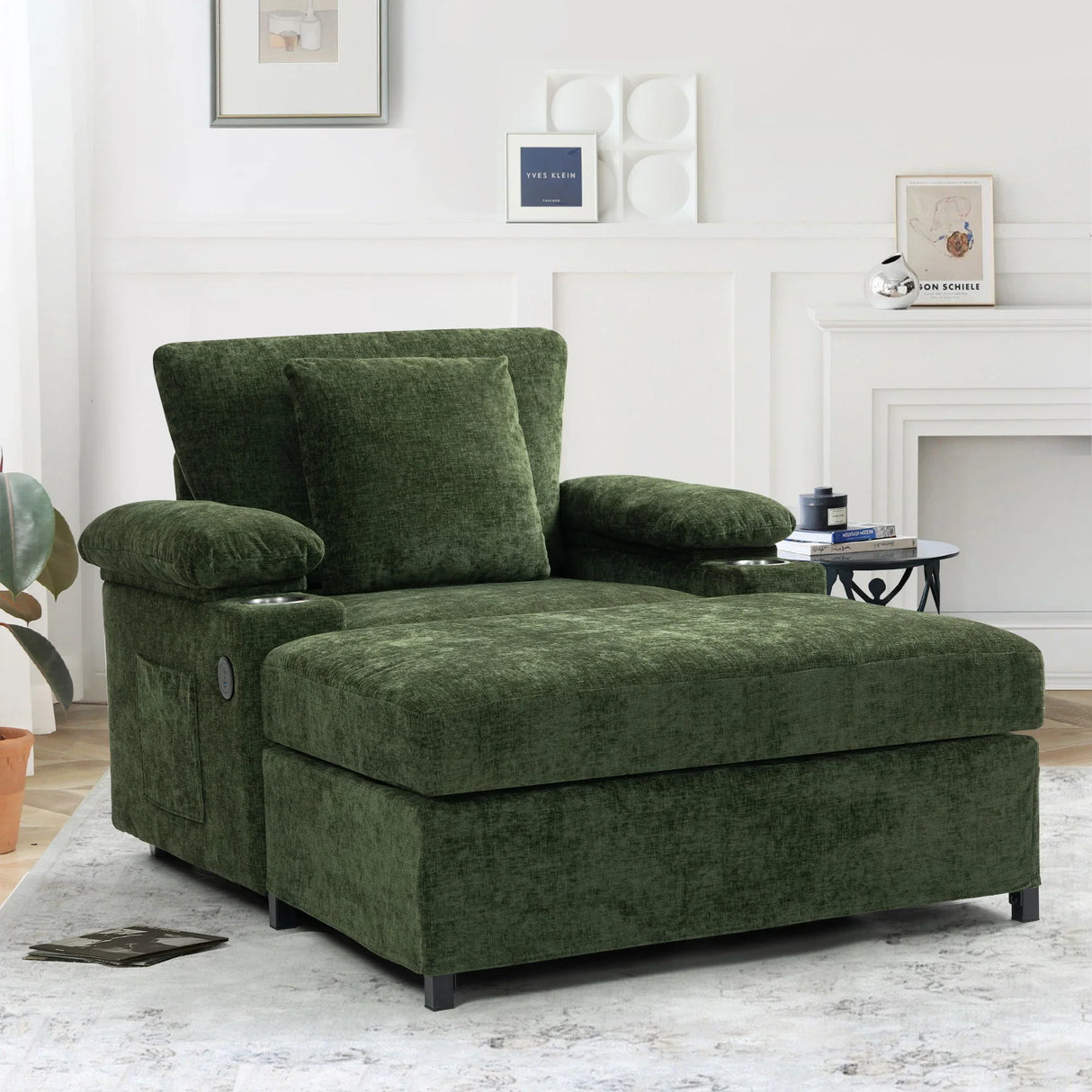 Chenille Fabric Sofa Bed With Cupholders And USB Charging Ports Chair For Living Room - Furniture Home Direct