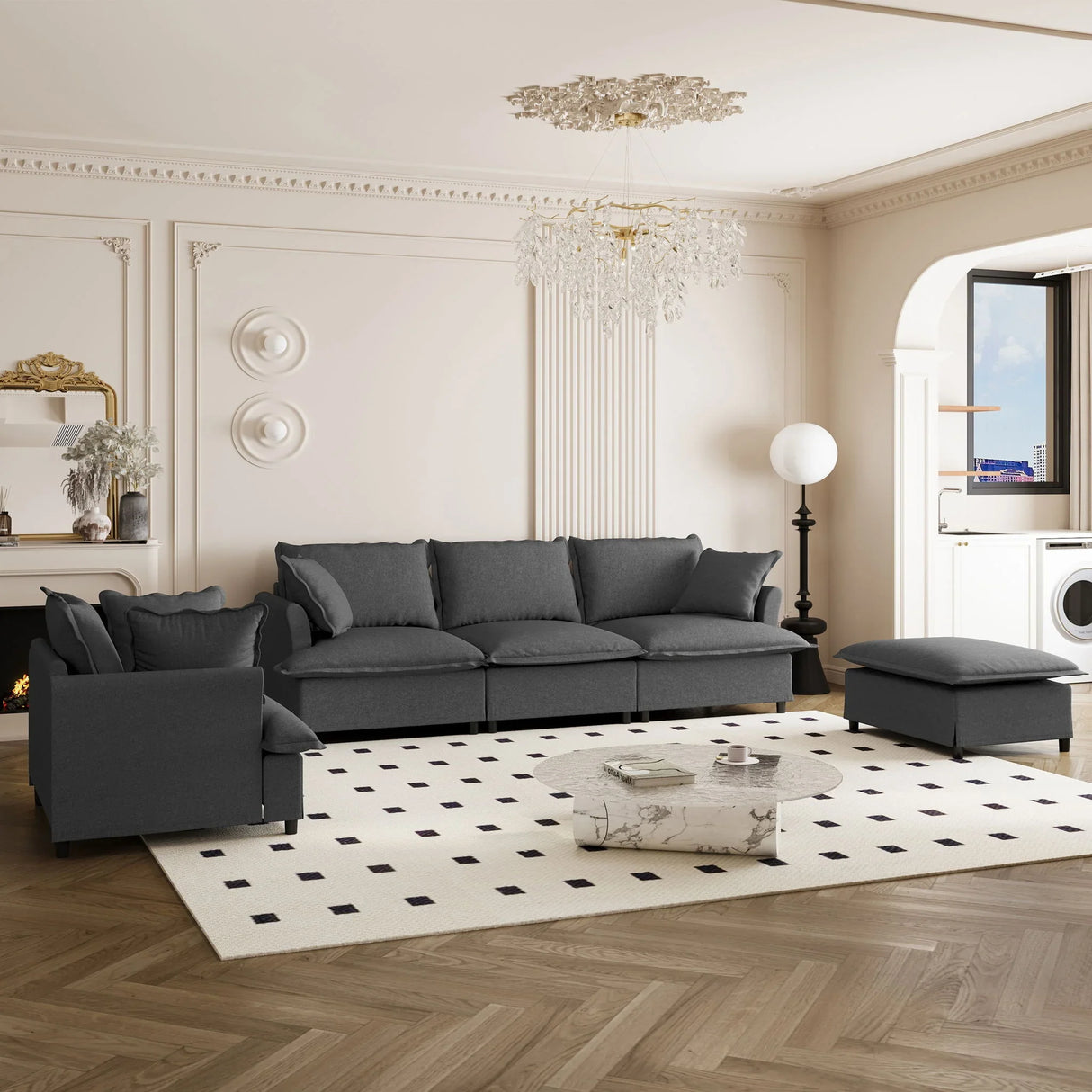 Living Room Set Modular Sectional Couch, Upholstered Sofa & Armchair & Movable Ottoman - Furniture Home Direct