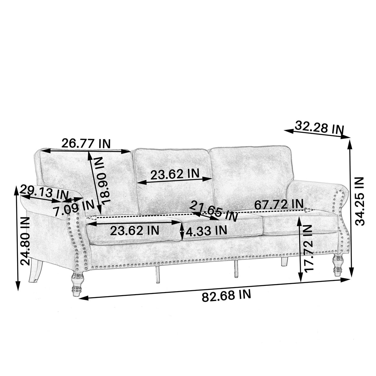 Rolled Arm Sofa With Nailhead Trim With Wooden Legs - Furniture Home Direct