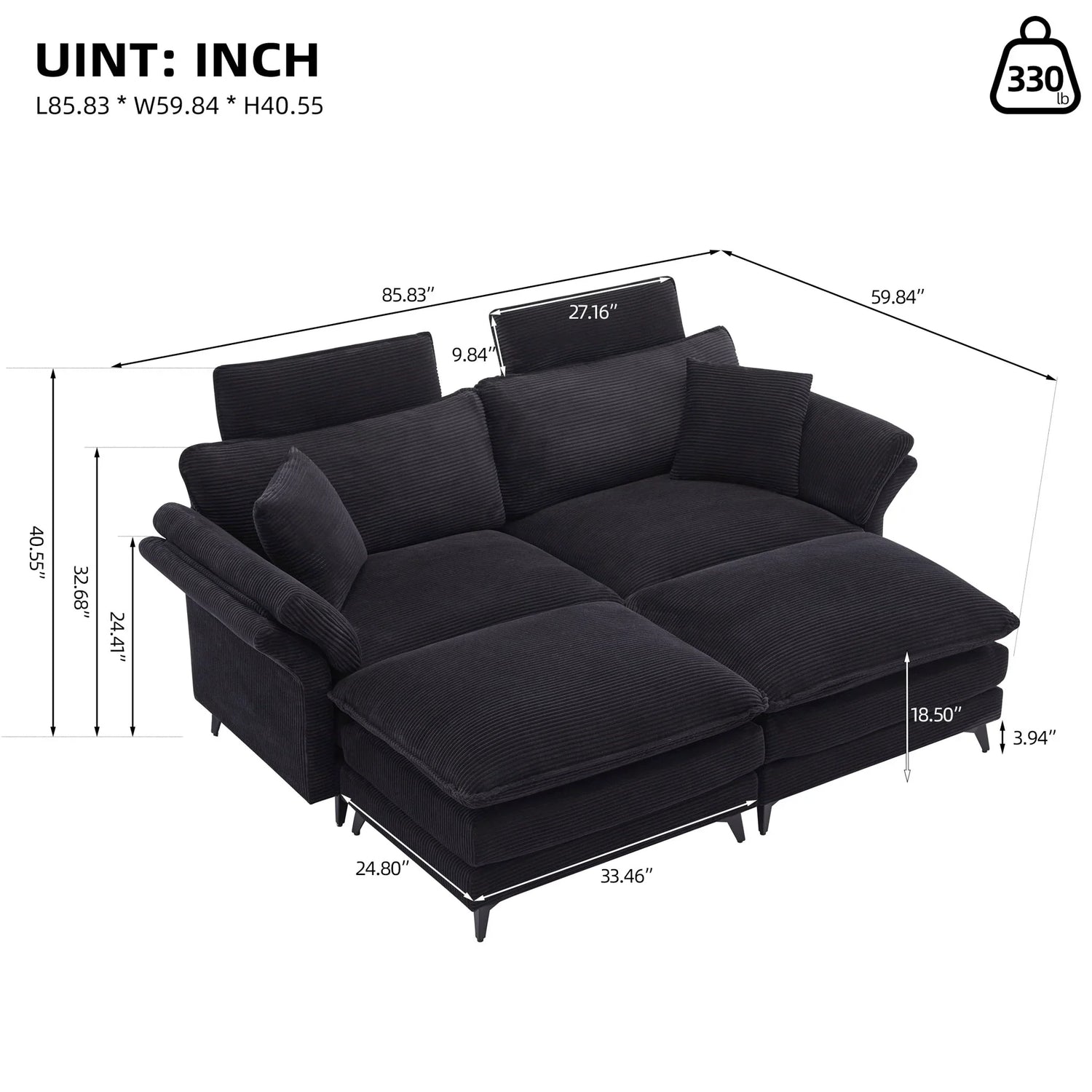 Modern Corduroy Deep Seat Sectional Sofa With Ottoman - Furniture Home Direct