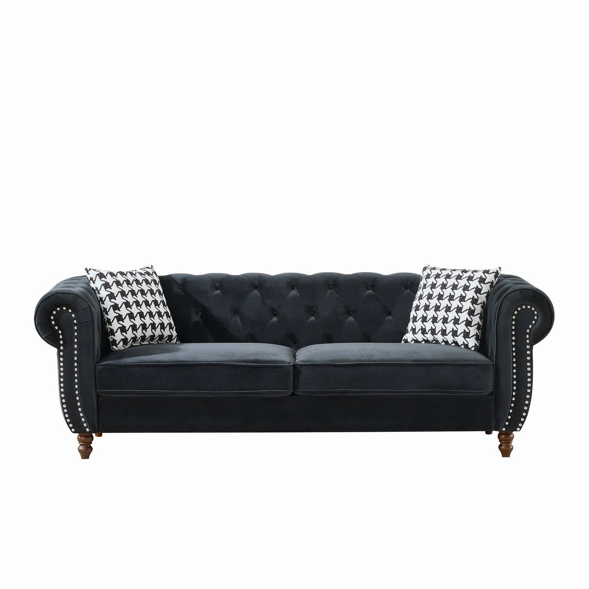 Chesterfield Velvet Upholstery Fabric Sofa With Roll Armrest & Nailhead - Furniture Home Direct