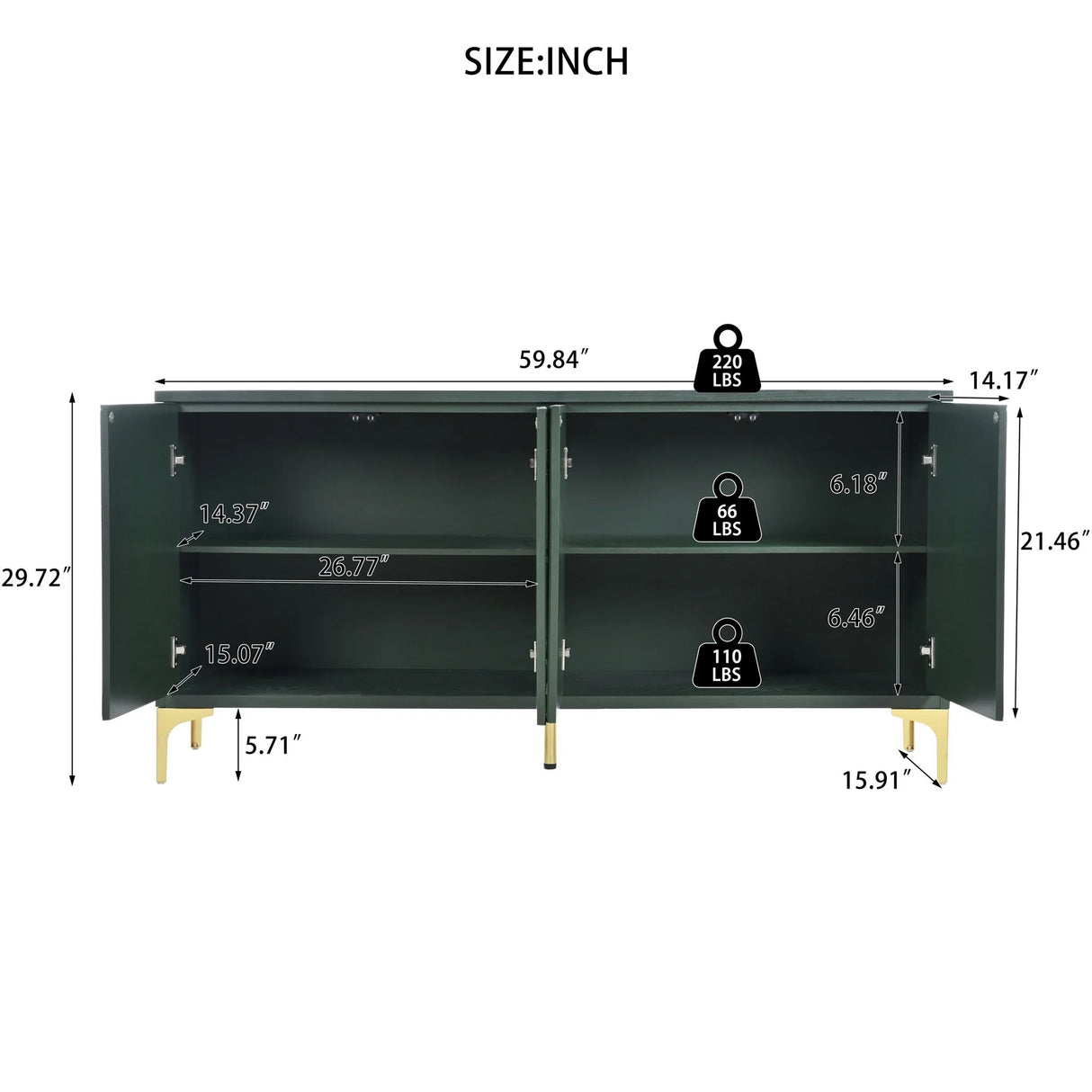 Modern Wood Sideboard Cabinet With Carved Door Panels, Adjustable Shelves, And Sturdy Metal Legs - Furniture Home Direct
