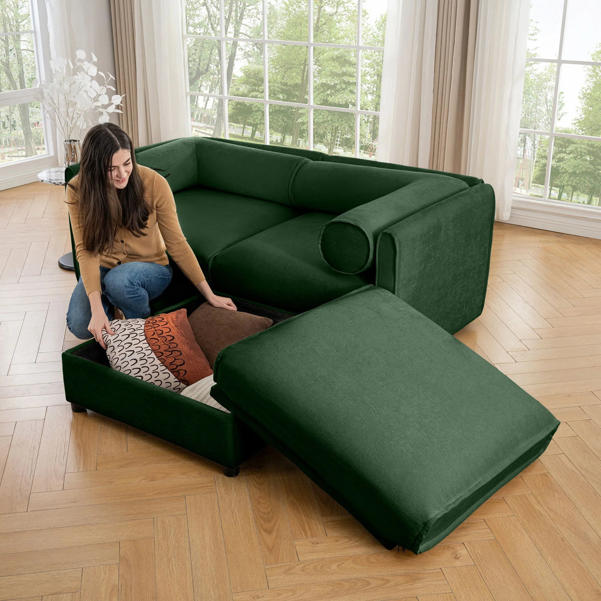 Contemporary Elegant White Chenille Sofa With Storage And Ottoman - Furniture Home Direct