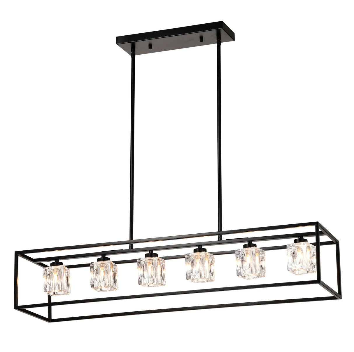 6 Light Farmhouse Chandelier, Modern Industrial Linear Rectangular Crystal Pendant Light Cage Chandelier For Dining Room, Kitchen Island, Bar, Long Table, G9*6 Bulbs Included - Matte Black - Furniture Home Direct