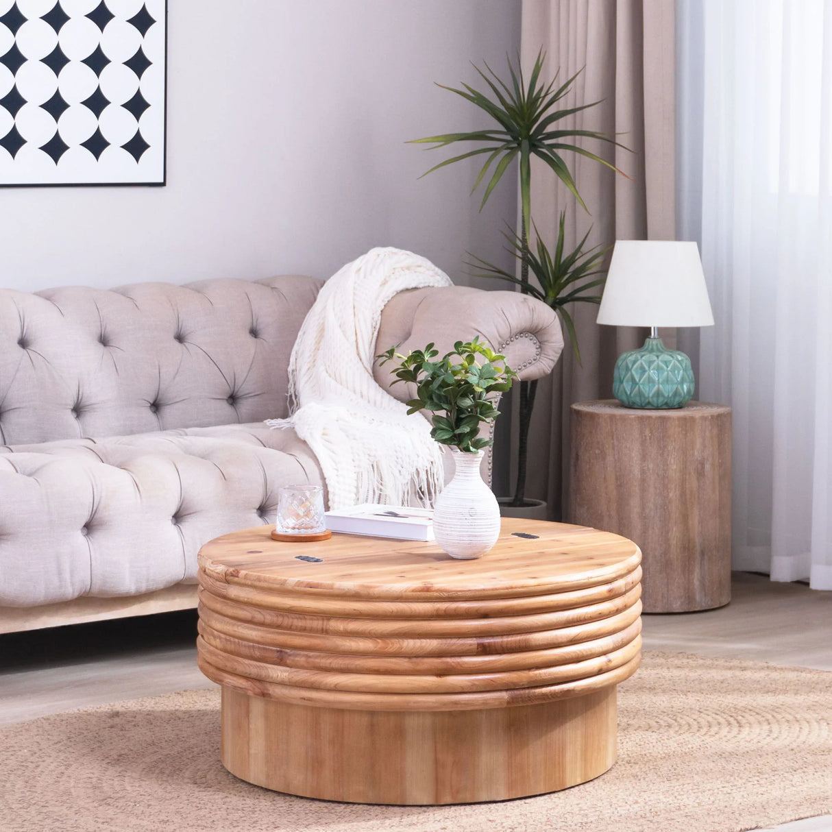 Round Wooden Coffee Table With Hidden Storage, Modern Rustic Centerpiece For Living Room - Multi / Natural / Rustic - Furniture Home Direct