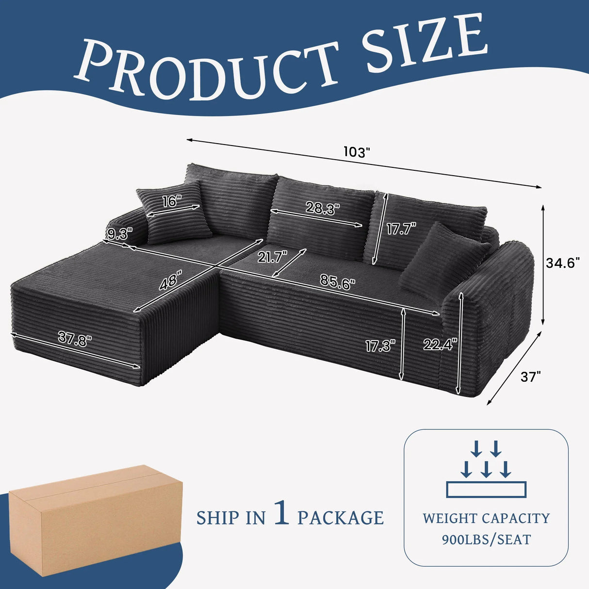 Modular Corduroy Sectional With Arched Armrests, Includes 3 Back Cushions & 2 Throw Pillows - Furniture Home Direct