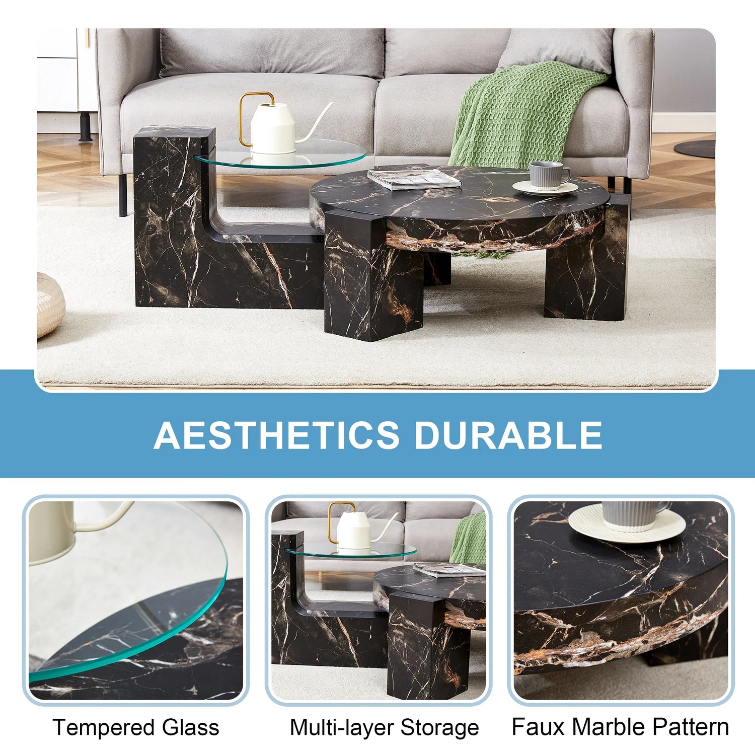 Detachable Double-Decker Black Patterned Coffee Table - Furniture Home Direct