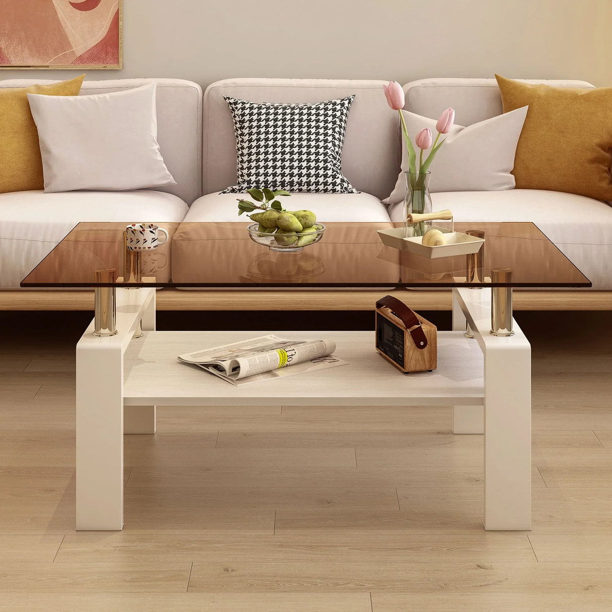 Modern Rectangular Coffee Table With Tempered Transparent Glass Top And Storage Shelf - Furniture Home Direct