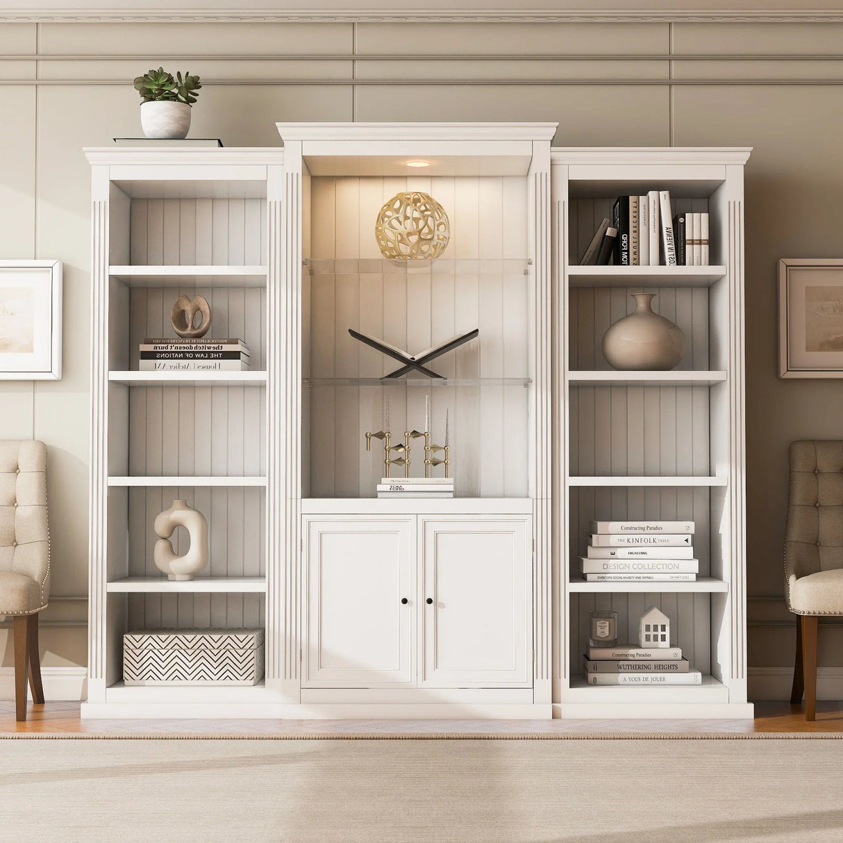 Retro Style 3 Piece Bookcase Display Cabinet With Adjustable LED Lighting, Tempered Glass Shelves - White - Furniture Home Direct