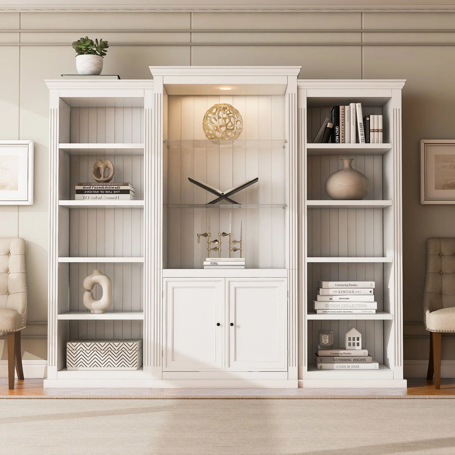 Retro Style 3 Piece Bookcase Display Cabinet With Adjustable LED Lighting, Tempered Glass Shelves - White - Furniture Home Direct