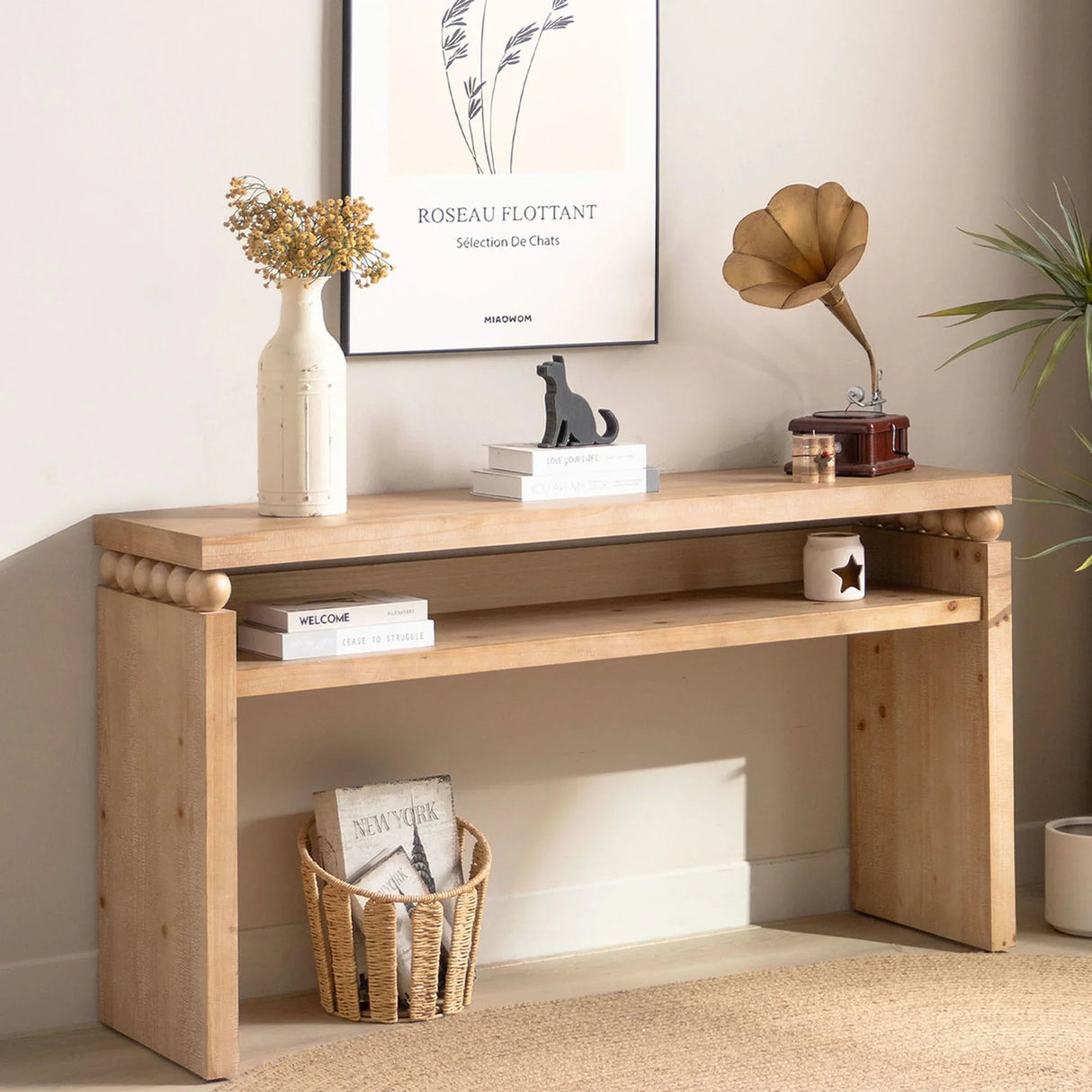 Modern Rustic Console Table, Wood Entryway Table With Shelf & Decorative Bead Detail - Natural - Furniture Home Direct