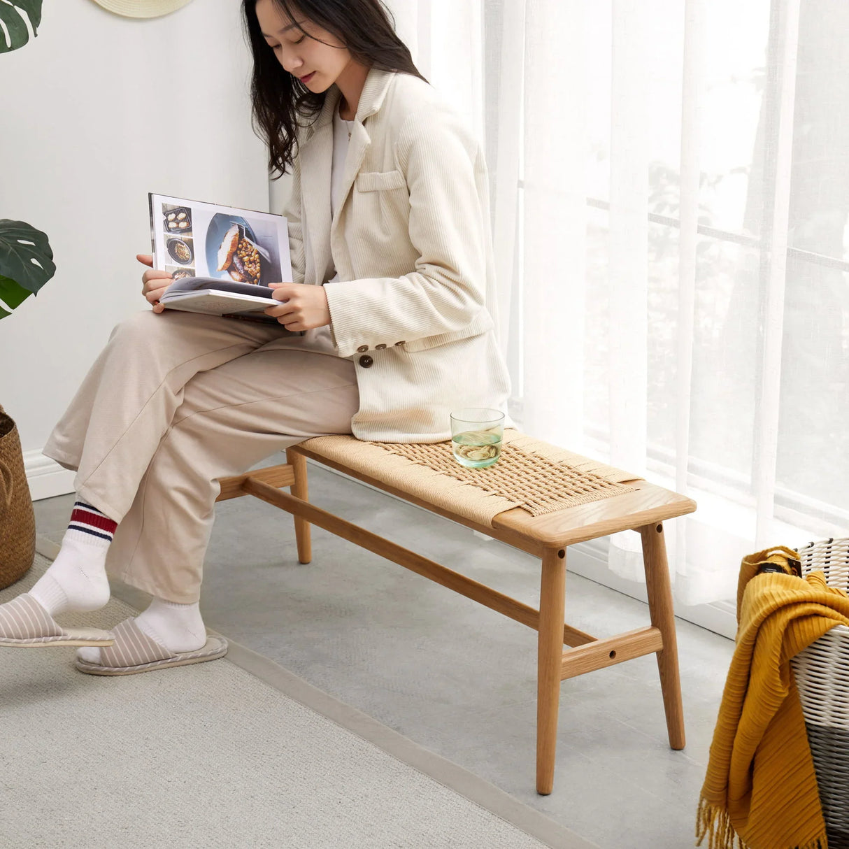 Woven Design Bench - Natural Oak - Furniture Home Direct