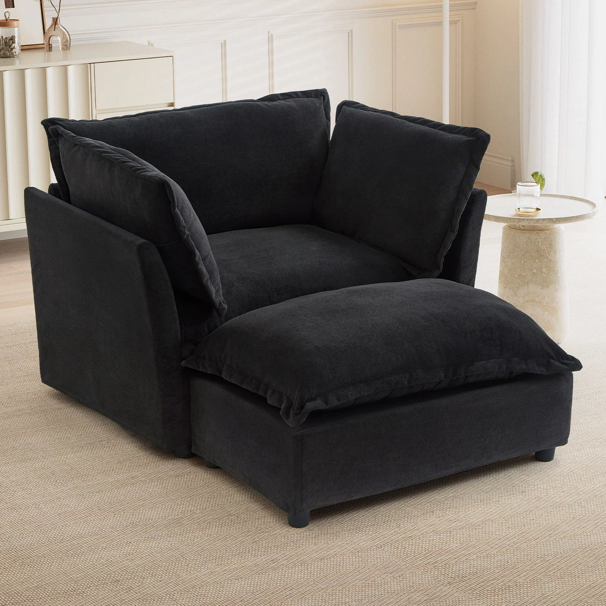 Modern Cozy Upholstered Armchair Sofa With Movable Ottoman - Furniture Home Direct