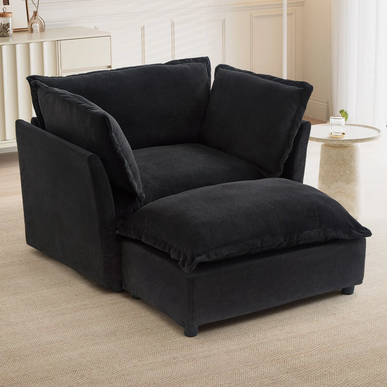 Modern Cozy Upholstered Armchair Sofa With Movable Ottoman - Furniture Home Direct