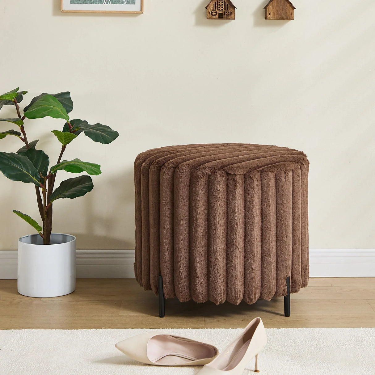 Wide Upholstered Round Pouf Ottoman Foot Rest - Furniture Home Direct