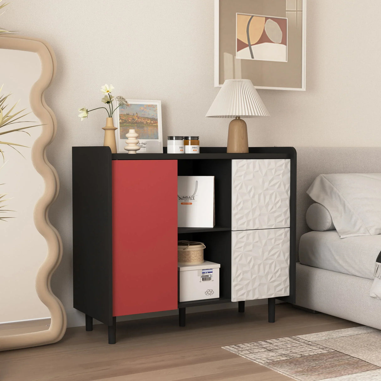 Modern Sideboard Buffet Cabinet With Red Doors And Unique Panel Styling - Furniture Home Direct