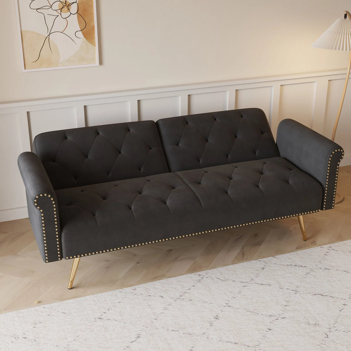 Luxurious Velvet Sofa Bed With Nail Head Trim And Matching Pillow - Furniture Home Direct