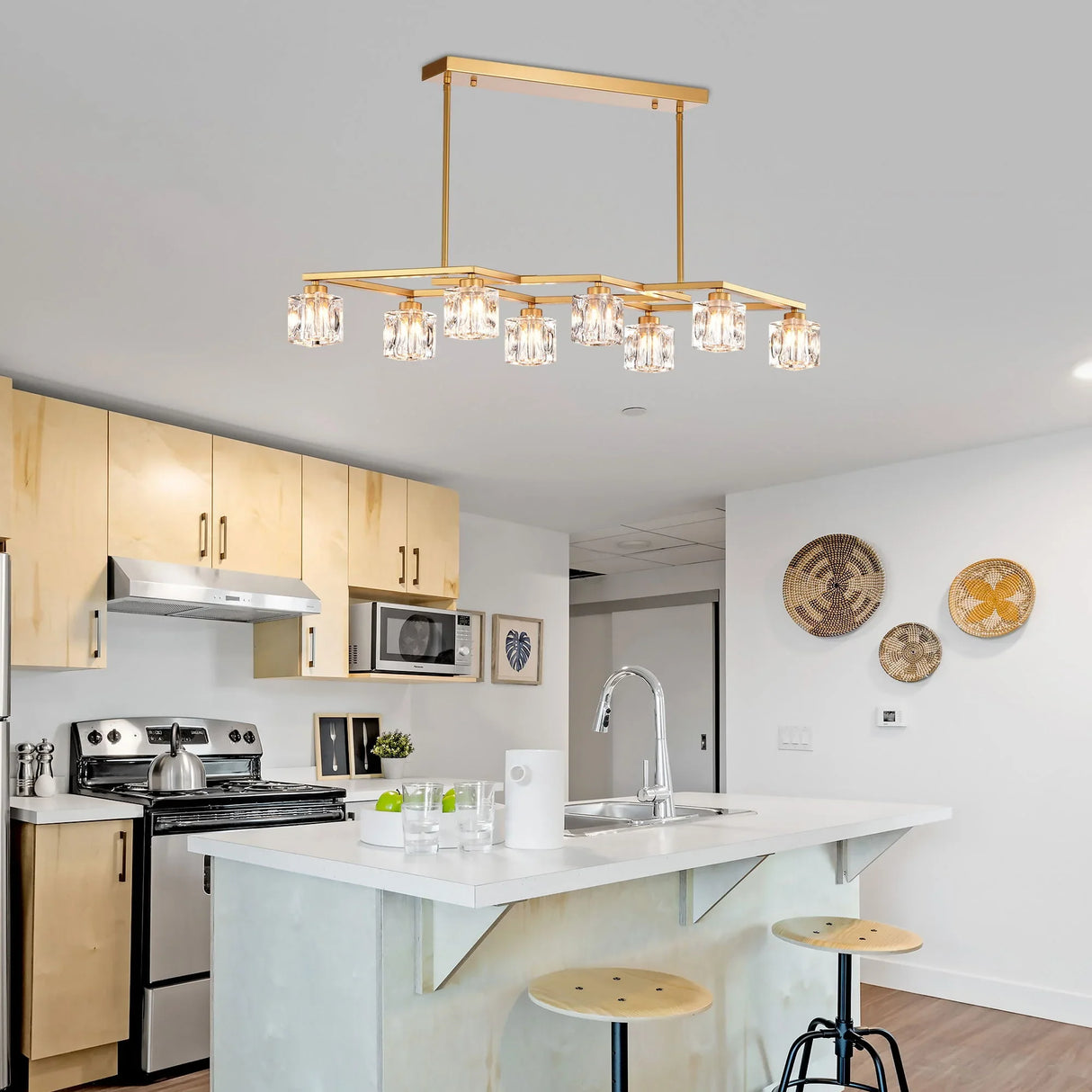 Crystal Chandelier For Dining Room, 8 Light Kitchen Chandelier Light Fixture Modern Metal Industrial Chandeliers For Farmhouse Entryway Living Room (8*G9 Bulbs Included) - Matte Gold - Furniture Home Direct