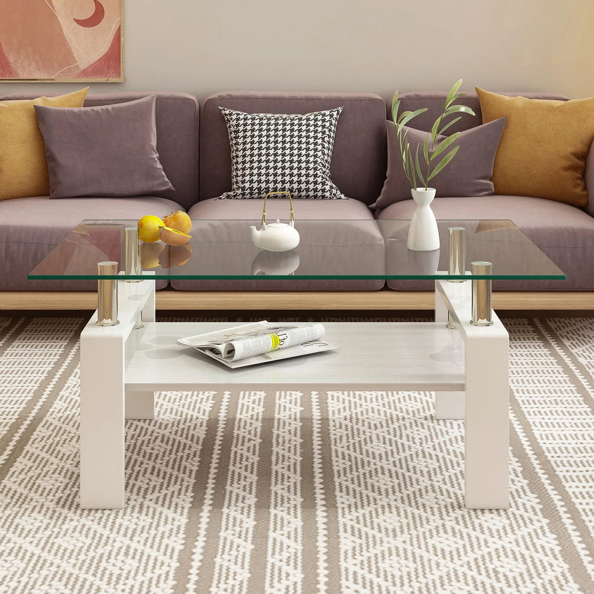 Modern Rectangular Coffee Table With Tempered Transparent Glass Top And Storage Shelf - Furniture Home Direct