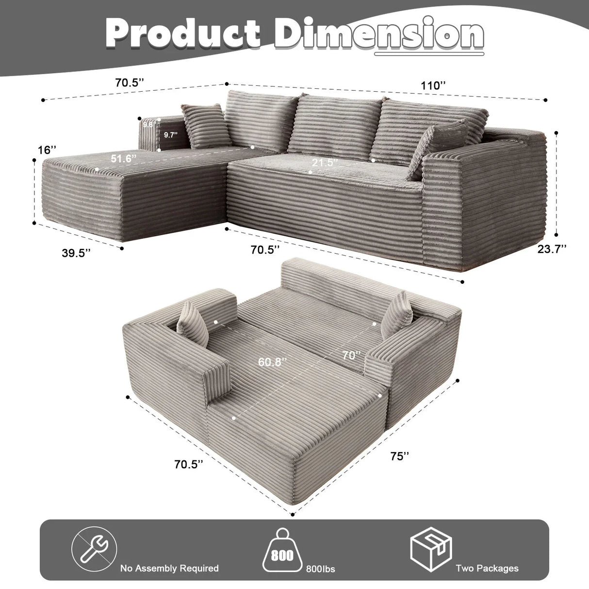 Compression Sectional Couch With Comfy Chaise, Boneless L Shape Sofa With Deep Seat - Furniture Home Direct