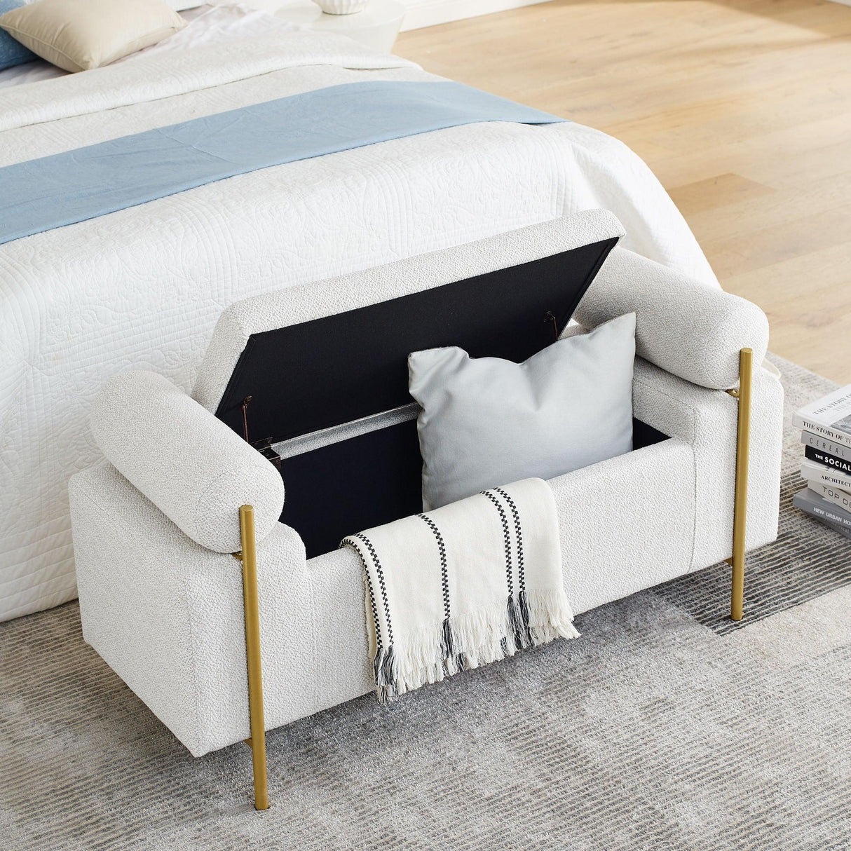 Elegant Upholstered Linen Storage Bench With Cylindrical Arms And Iron Legs, White - Furniture Home Direct