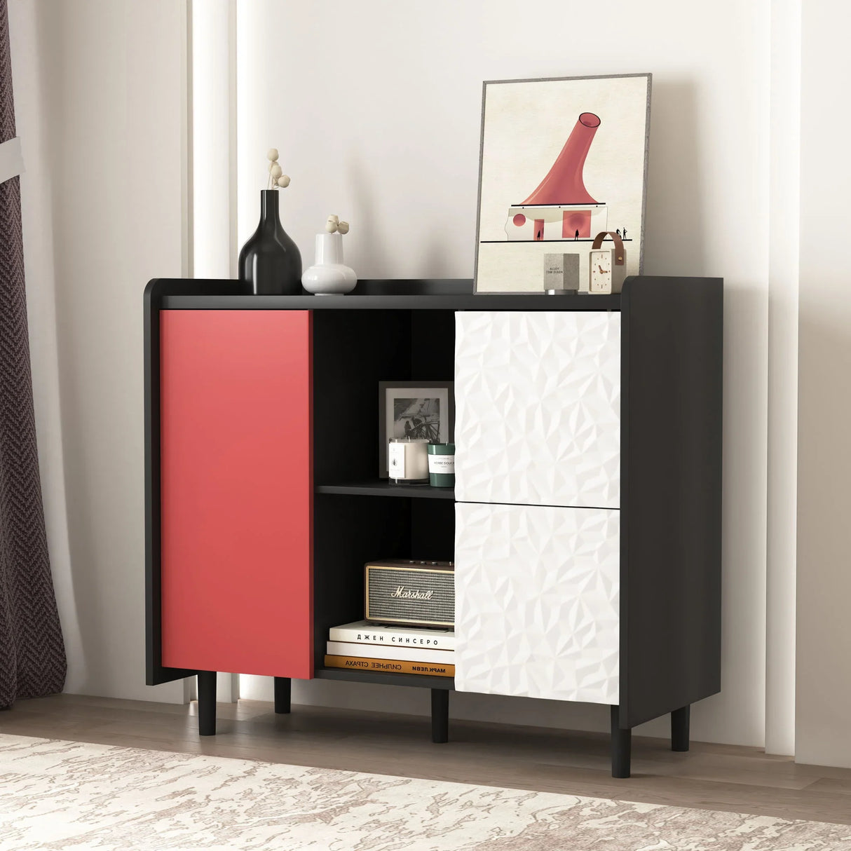 Modern Sideboard Buffet Cabinet With Red Doors And Unique Panel Styling - Furniture Home Direct