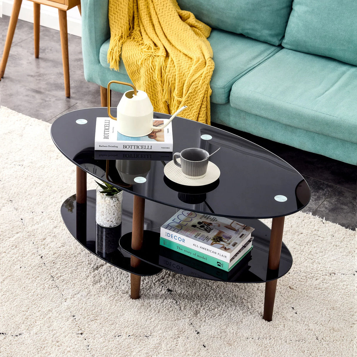 Oval Glass Coffee Table, Modern Table In Living Room Oak Wood Leg Tea Table 3-Layer Tempered Glass Table - Brown / Black - Furniture Home Direct